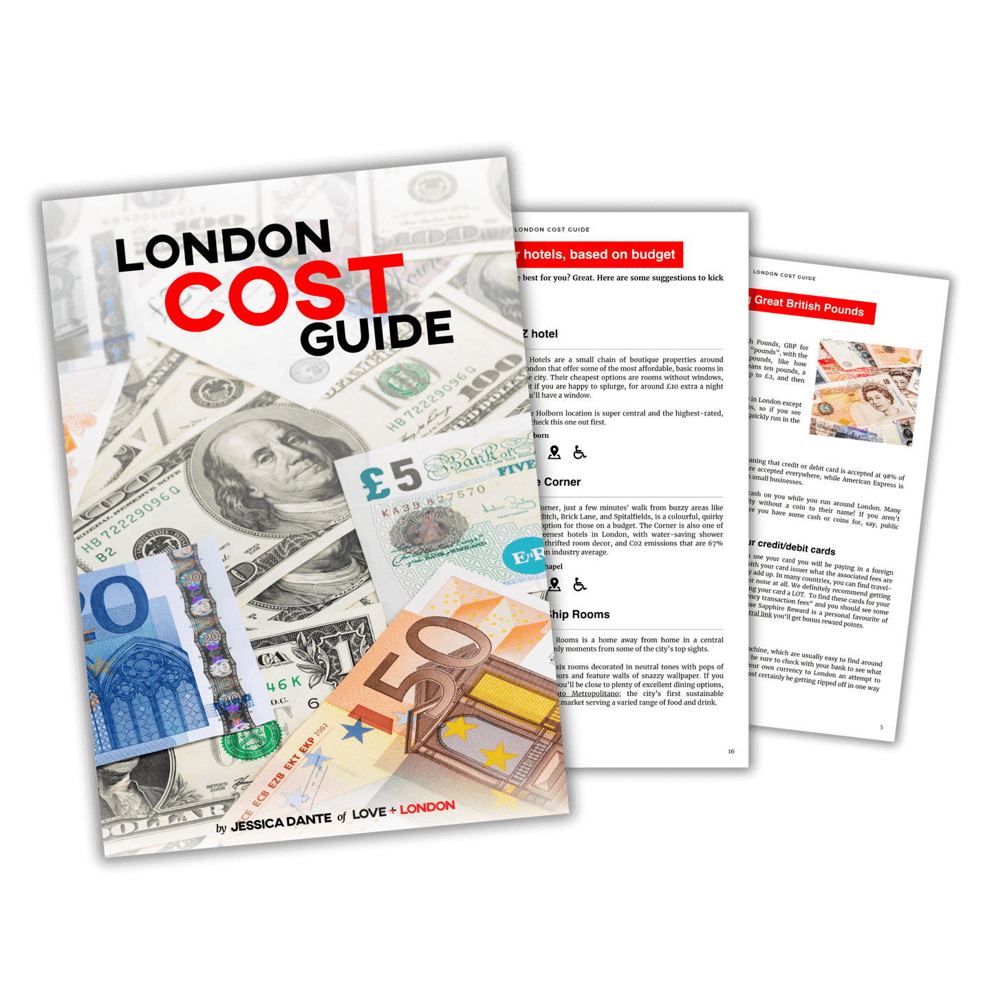 London Spending Guide e-book with a few pages from the interior displaying some hotel suggestions, based on budget, and information regarding cash and credit cards