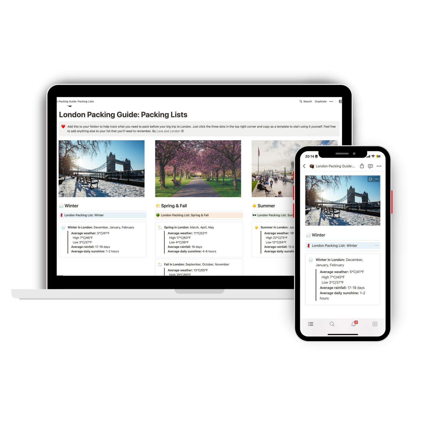 Tablet and smartphone displaying a London packing guide in Notion.
