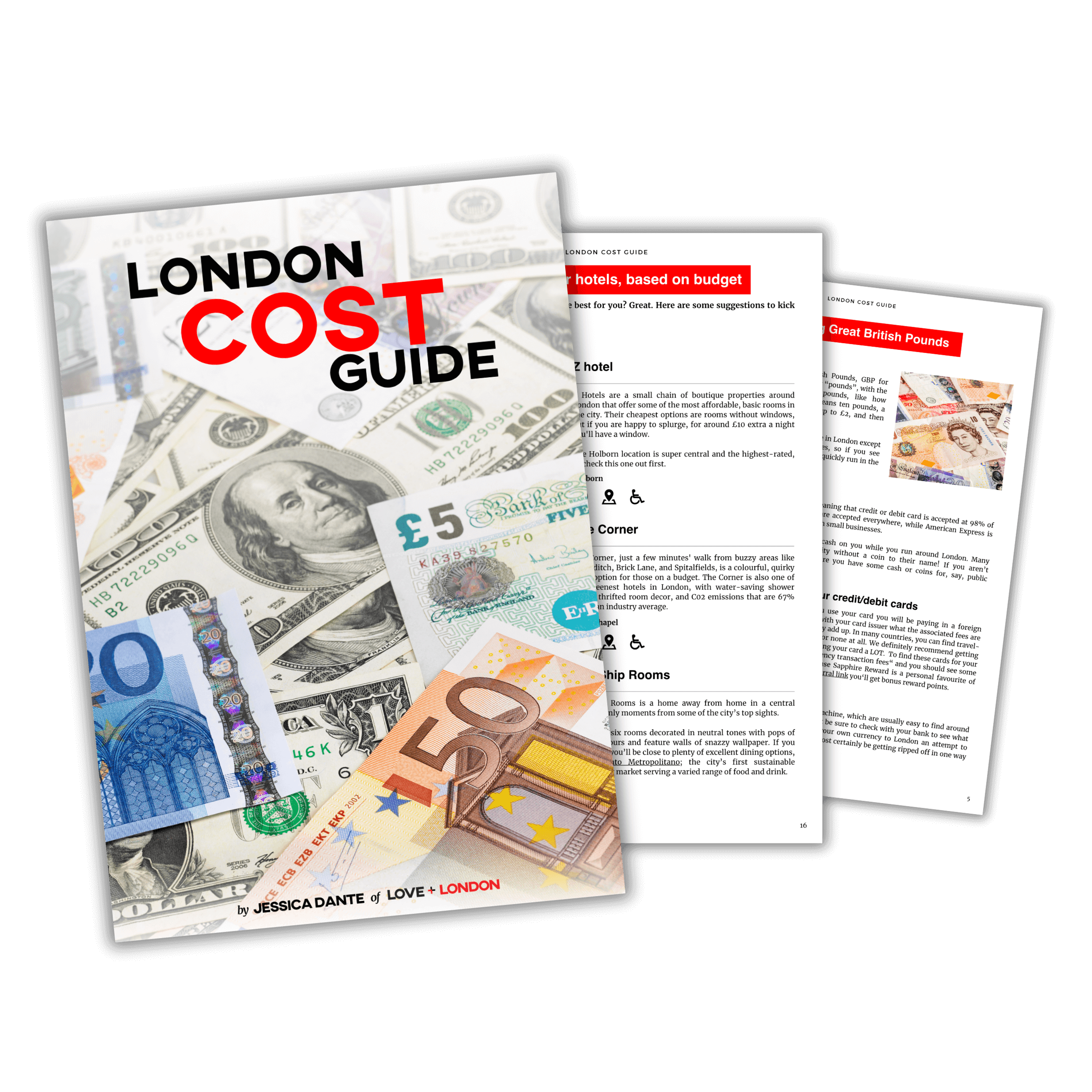 London Spending Guide e-book with a few pages from the interior displaying some hotel suggestions, based on budget, and information regarding cash and credit cards