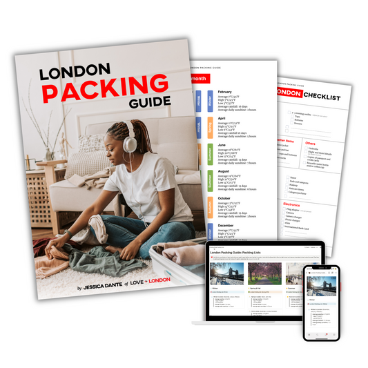 London Packing Guide PDF with digital versions of the Notion packing lists on tablet and phone.