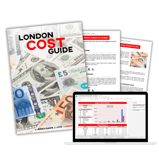 London Spending Guide e-book with a few pages from the interior displayed. A screenshot of a laptop showing the budget tracker.